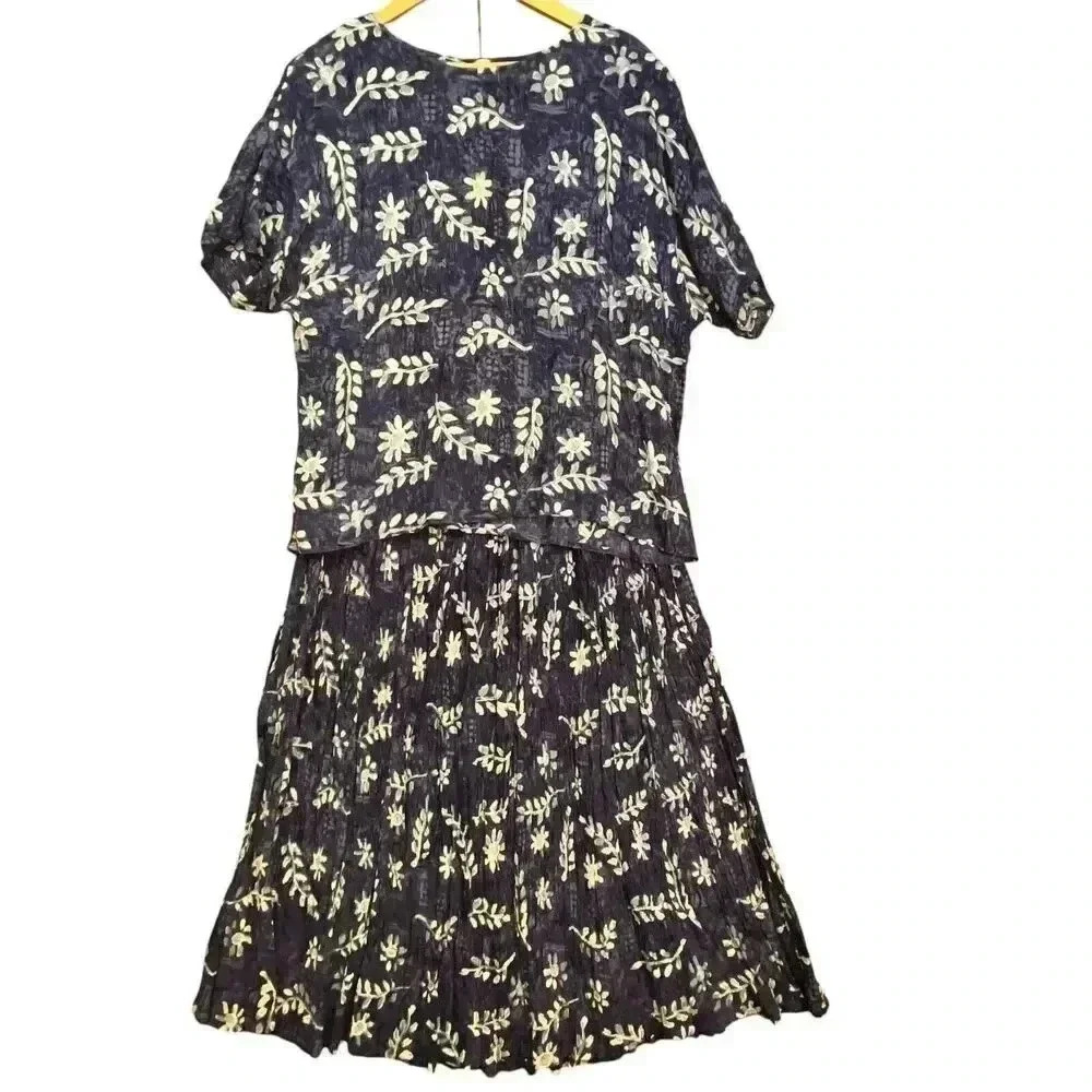 Orvis Vintage Womens Blue White Floral Rayon Short Sleeve Blouse & Skirt Size XL